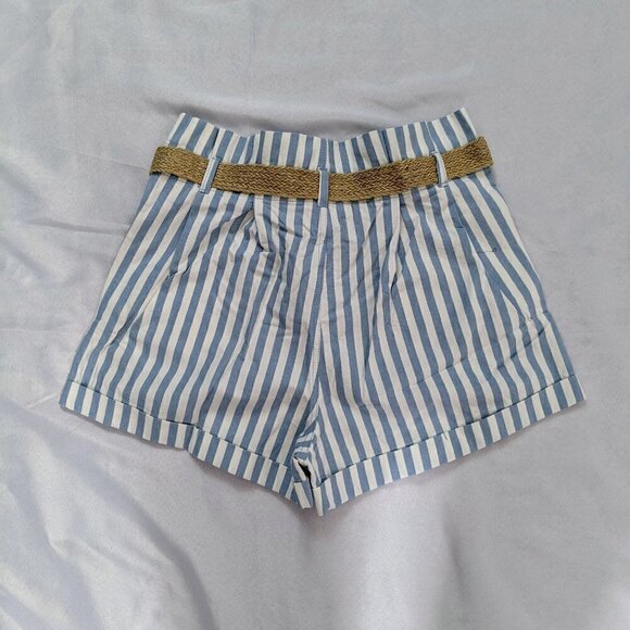Mine Paper Bag Blue Nautical Striped Shorts Belted Beach Casual Summer Womens M - Picture 3 of 4